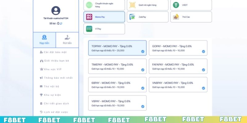 Nạp tiền F8BET qua phương thức MomoPay