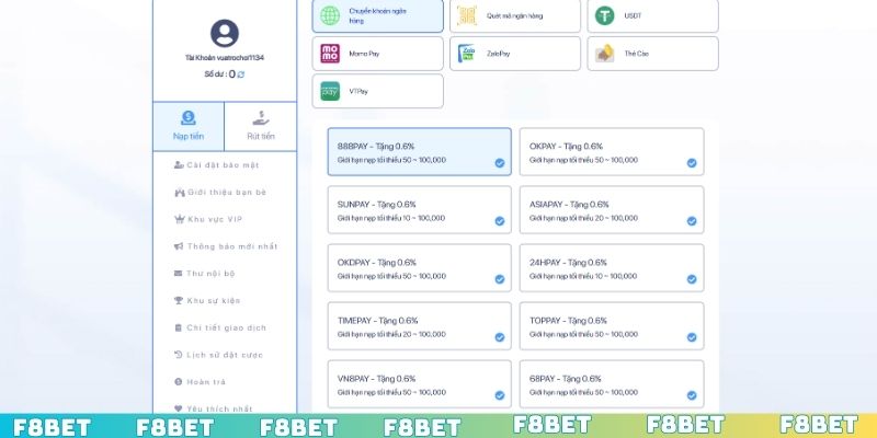 Quy trình nạp tiền F8BET chuẩn chỉnh cho newbie