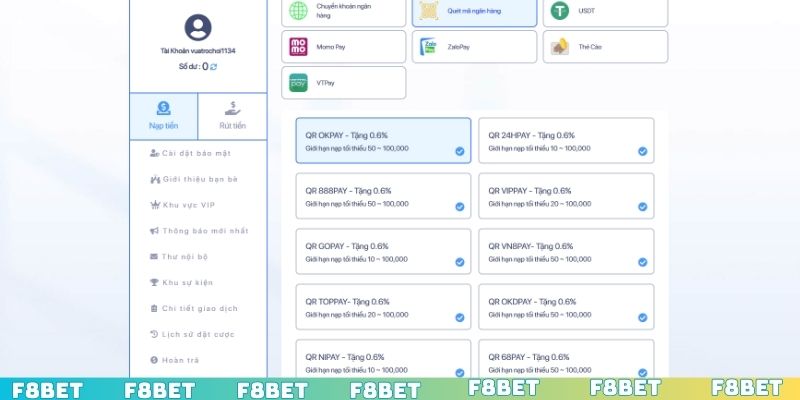 Tổng hợp các hình thức nạp tiền F8BET phổ biến